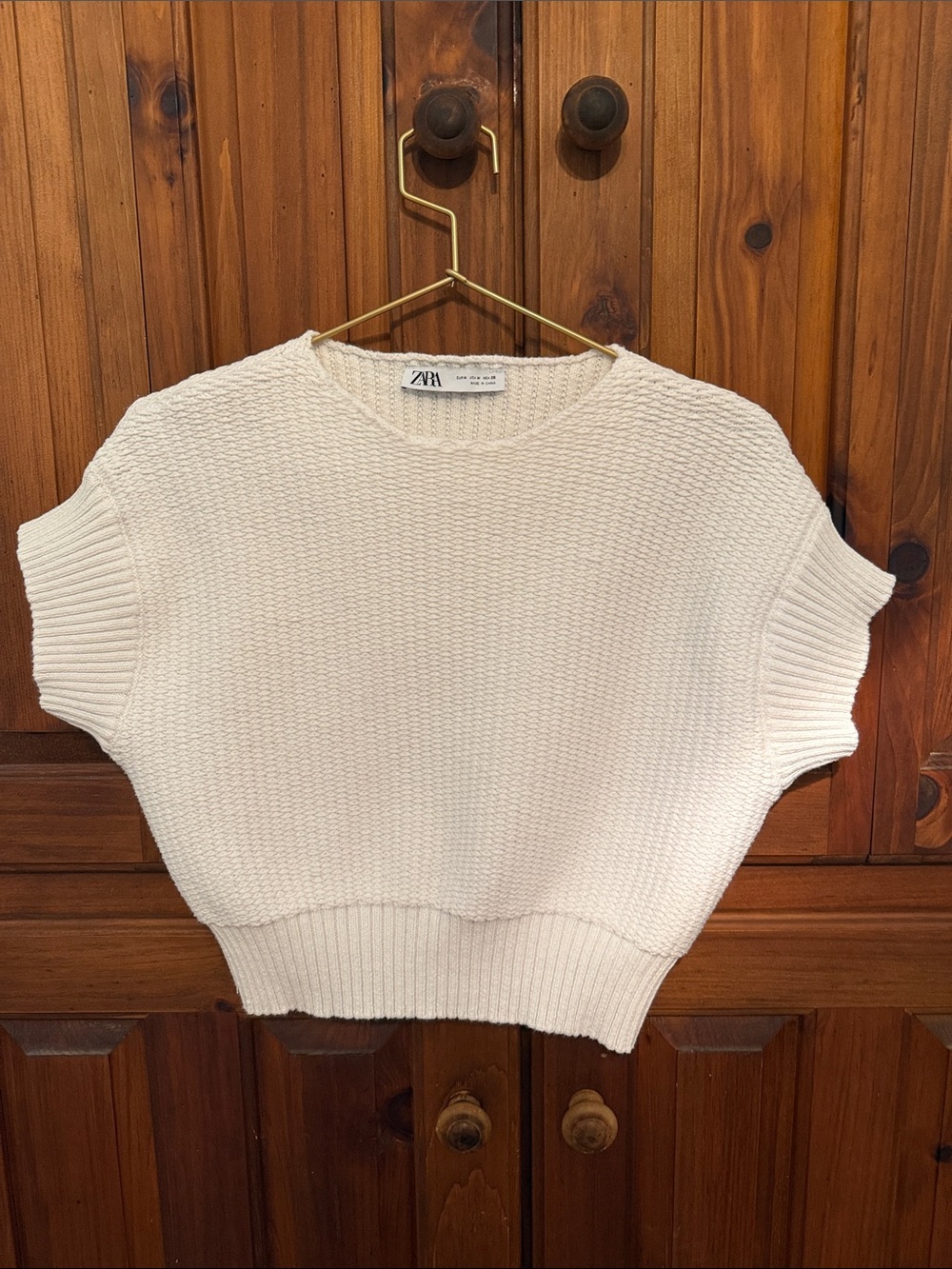 Zara Cream Textured Short Sleeve Knit Top